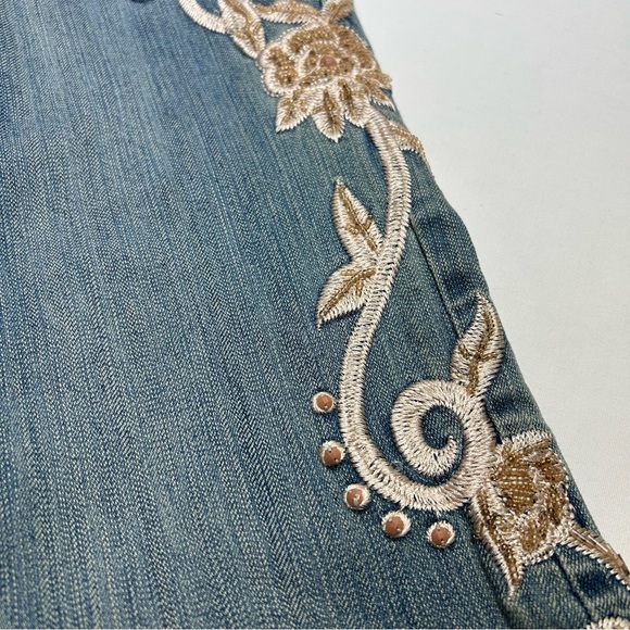 Boston Proper Stretch Blue Wash Mid Rise Flare Bead Embroidery Floral Jeans 12 - Picture 5 of 16